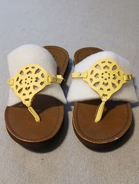 Route 66 Brown Leather Slide Sandal with Yellow Strap Accents